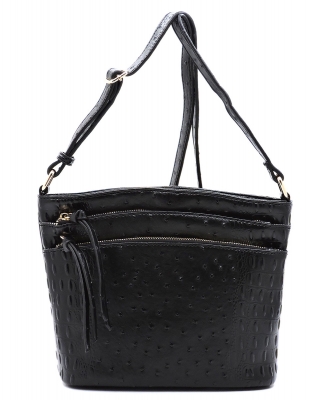 Ostrich Croc Multi Zip Pocket Crossbody Bag OS059 BLACK